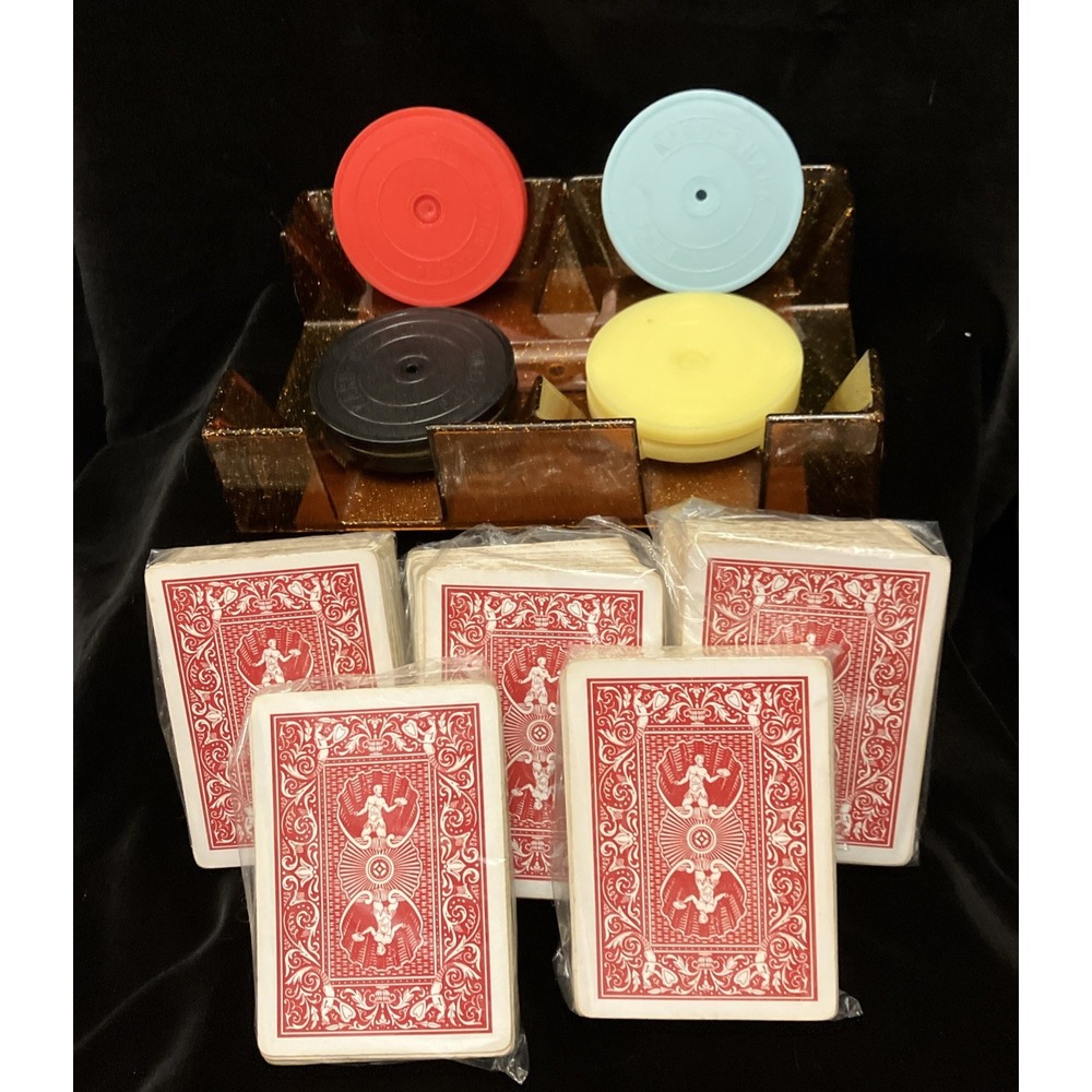 VTG 70s Glitter Playing Card Tray Lazy Susan + 4 Kard Shark Holders & 5 Decks